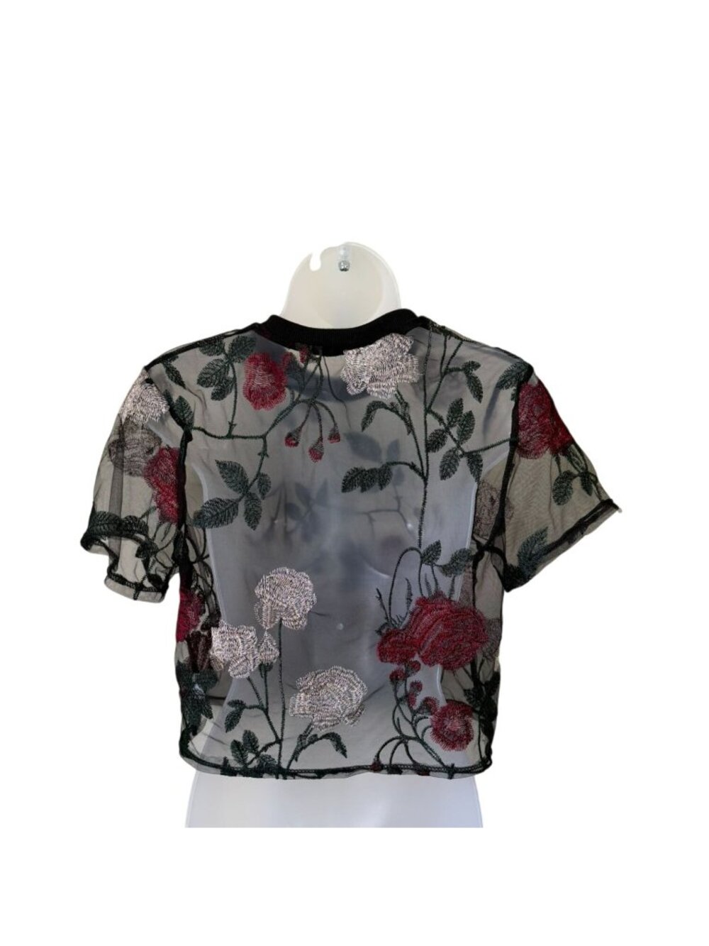 Sheer Black Floral Embroidered Short Sleeve Mesh Crop Top Size L - Picture 2 of 4